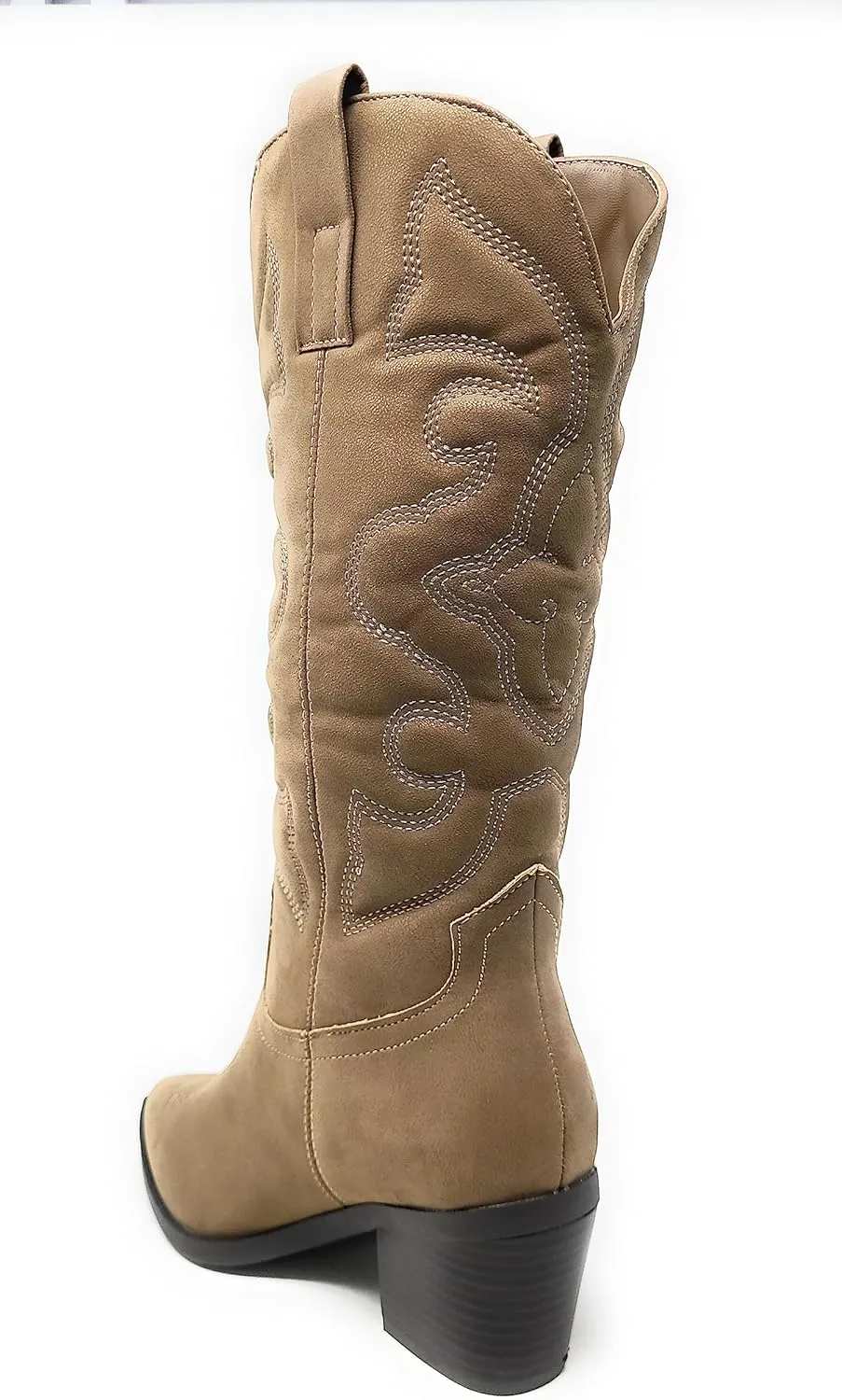BAMBOO Women's Western Cowboy Boots Mid Calf High Cowgirl Boots Embroidered Pointed Toe Chunky Heel Fashion Retro Classic Boot Pull On Mindful-04
