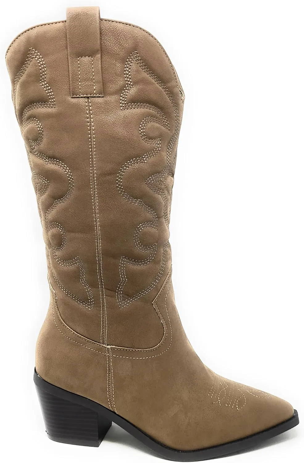BAMBOO Women's Western Cowboy Boots Mid Calf High Cowgirl Boots Embroidered Pointed Toe Chunky Heel Fashion Retro Classic Boot Pull On Mindful-04