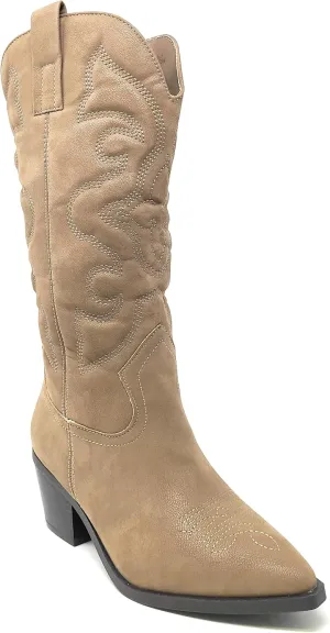 BAMBOO Women's Western Cowboy Boots Mid Calf High Cowgirl Boots Embroidered Pointed Toe Chunky Heel Fashion Retro Classic Boot Pull On Mindful-04