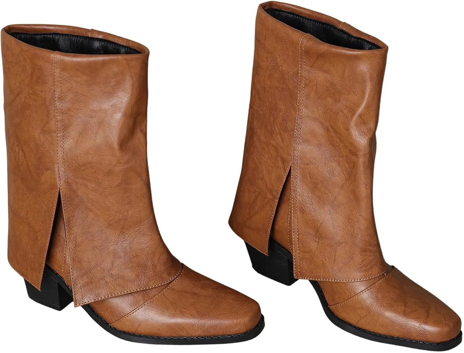 baobeijiadao Womens Square Toe Mid Calf Boots Chunky Heel Fold Over Boots Pull On Non Slip Fashion Boots for Women