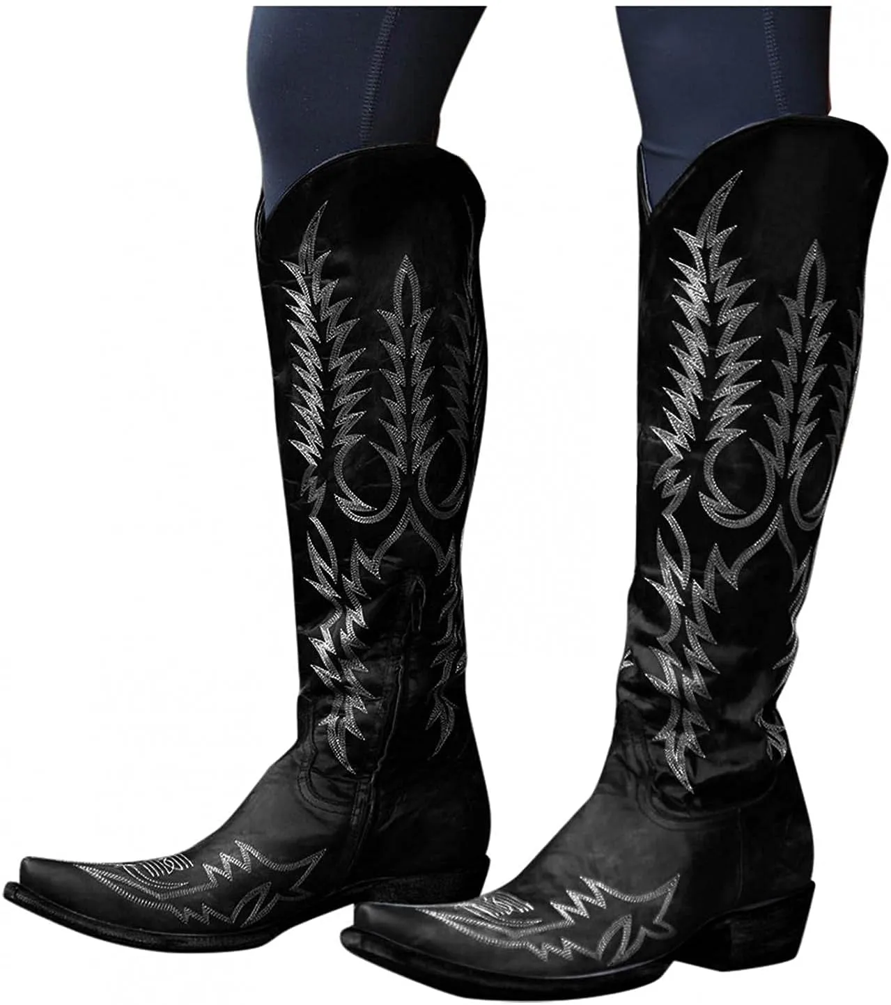 Bcshiye Women's Knee High Flat Boots,Winter Pointy Toe Mid Chunky Heel Western Cowgirl Boots Embroidered Knee High Boots