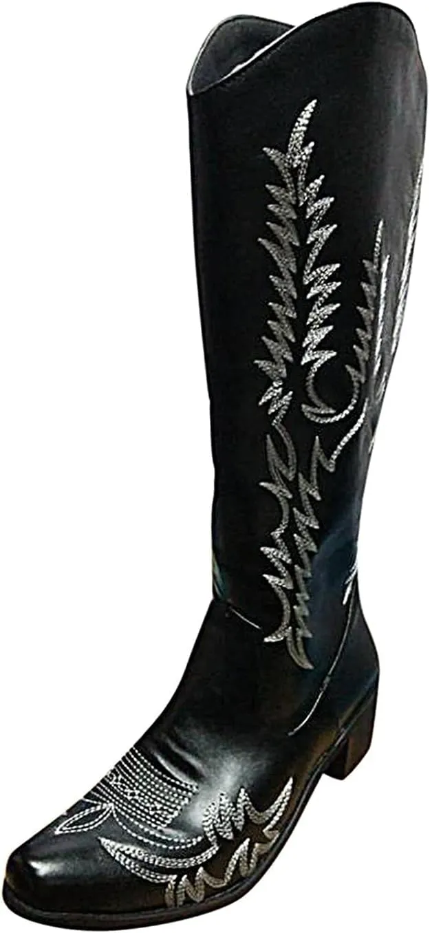 Bcshiye Women's Knee High Flat Boots,Winter Pointy Toe Mid Chunky Heel Western Cowgirl Boots Embroidered Knee High Boots