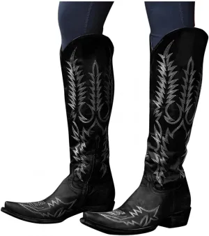Bcshiye Women's Knee High Flat Boots,Winter Pointy Toe Mid Chunky Heel Western Cowgirl Boots Embroidered Knee High Boots