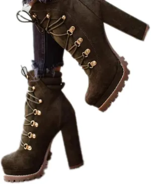 Bcshiye Women's Platform Ankle Boots Round Toe Lace Up Combat Boots Chunky High Heel Platform Knight Boots Winter Shoes