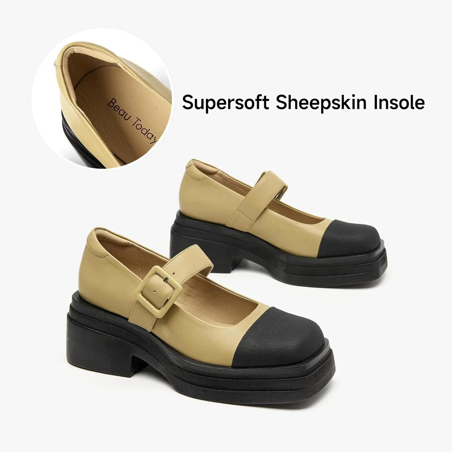 BEAU TODAY Mary Jane Shoes Women, Genuine Leather Womens Loafers, Mary Jane Pumps for Women, Closed Toe Dress Shoes for Women