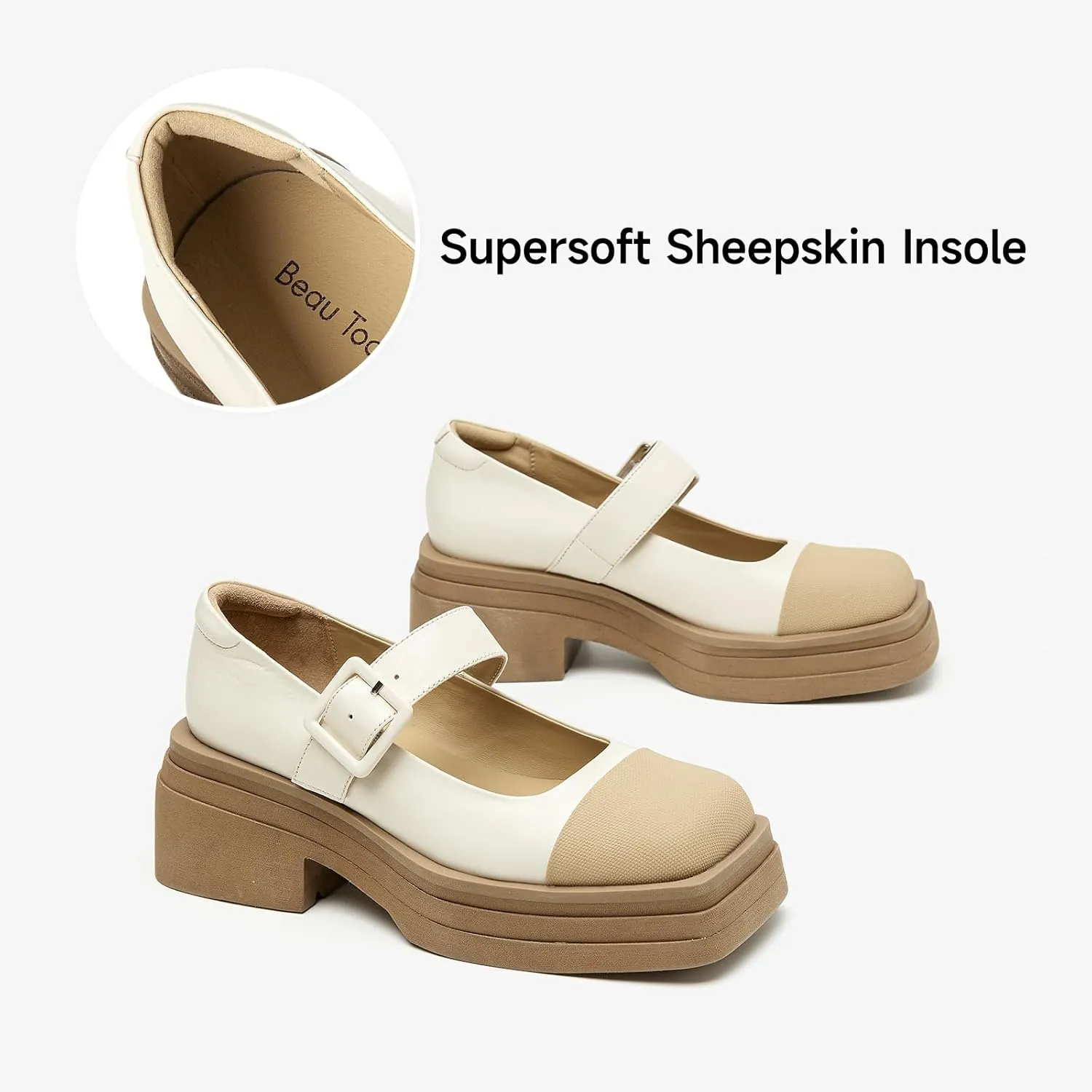 BEAU TODAY Mary Jane Shoes Women, Genuine Leather Womens Loafers, Mary Jane Pumps for Women, Closed Toe Dress Shoes for Women