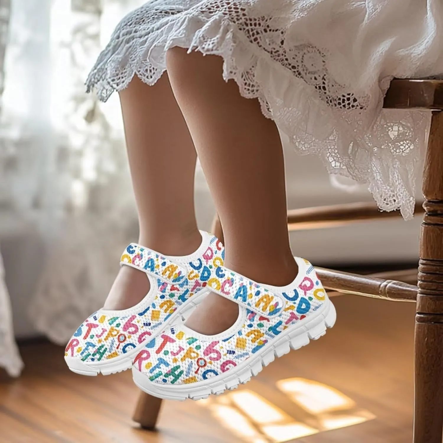 Binienty Girls School Uniform Shoes Classical Flats Mary Jane Sneakers Breathable Mesh Flat Shoes