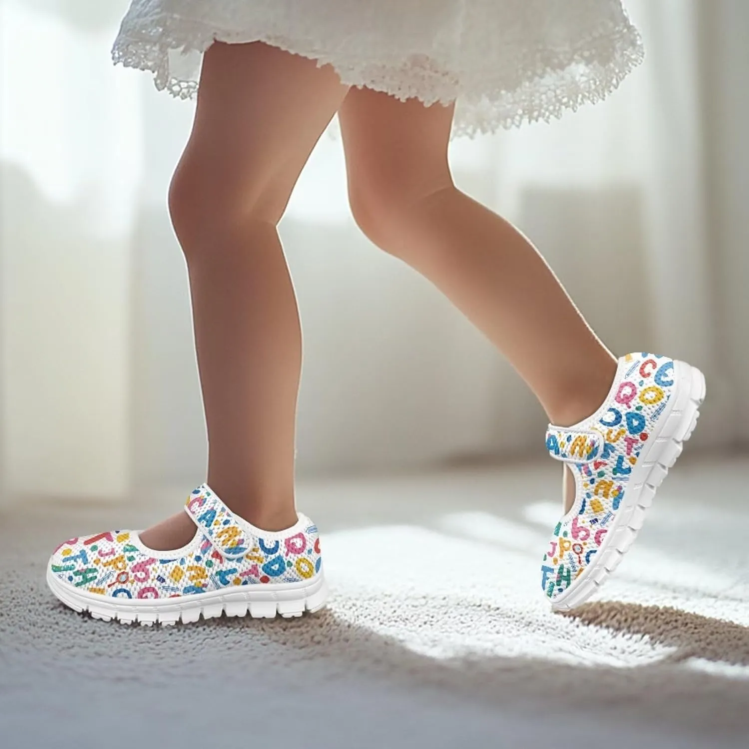 Binienty Girls School Uniform Shoes Classical Flats Mary Jane Sneakers Breathable Mesh Flat Shoes