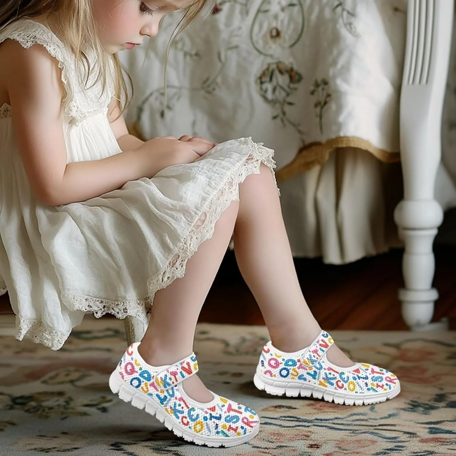 Binienty Girls School Uniform Shoes Classical Flats Mary Jane Sneakers Breathable Mesh Flat Shoes