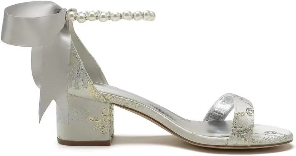 Block Heel Bridal Shoes Open Toe Pearl Heels Wedding Shoes for Bride Wedding Sandals Bride Heels