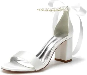 Block Heel Bridal Shoes Open Toe Pearl Heels Wedding Shoes for Bride Wedding Sandals Bride Heels