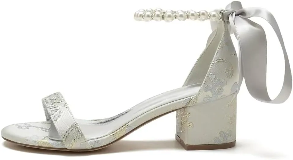Block Heel Bridal Shoes Open Toe Pearl Heels Wedding Shoes for Bride Wedding Sandals Bride Heels