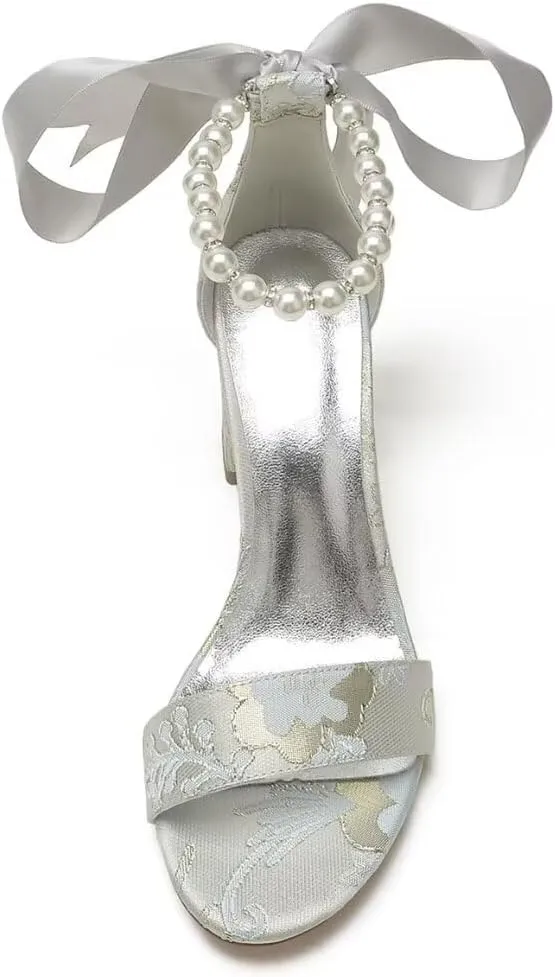 Block Heel Bridal Shoes Open Toe Pearl Heels Wedding Shoes for Bride Wedding Sandals Bride Heels