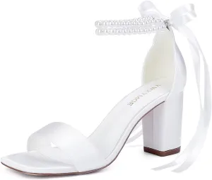 Block Heel Bridal Shoes Open Toe Wedding Shoes for Bride Pearl Heels Wedding Sandals