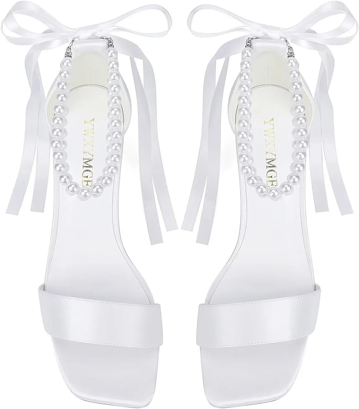 Block Heel Bridal Shoes Open Toe Wedding Shoes for Bride Pearl Heels Wedding Sandals