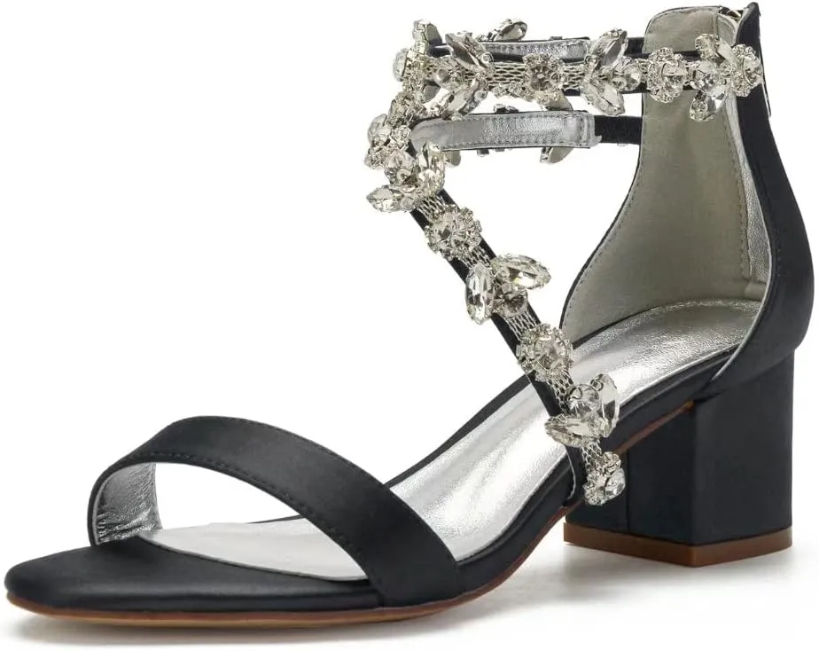 Block Heel Wedding Sandals for Bride Crystals Strappy Open Toe Formal Party Dress Sandal Heels 702-18