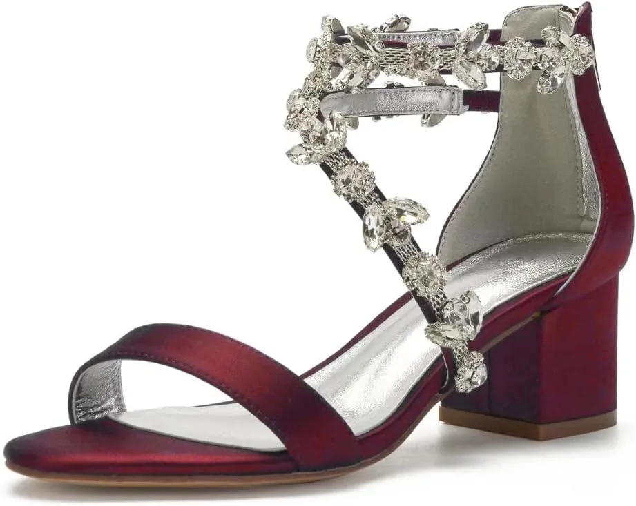 Block Heel Wedding Sandals for Bride Crystals Strappy Open Toe Formal Party Dress Sandal Heels 702-18