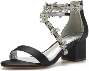 Block Heel Wedding Sandals for Bride Crystals Strappy Open Toe Formal Party Dress Sandal Heels 702-18