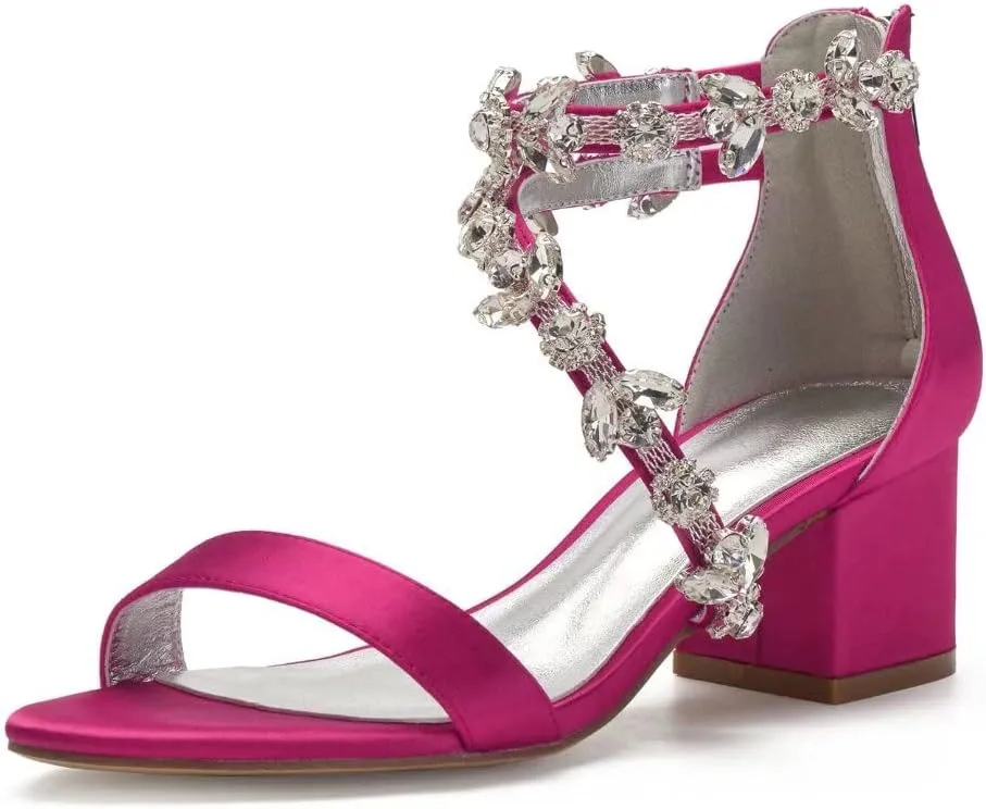 Block Heel Wedding Sandals for Bride Crystals Strappy Open Toe Formal Party Dress Sandal Heels 702-18