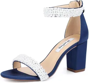 Block Heel Wedding Sandals Pearl Heels Open Toe Wedding Shoes for Bride Bridal Shoes
