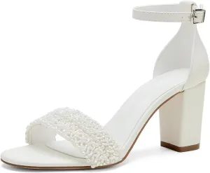 Block Heel Wedding Shoes for Bride Beaded Bridal Heels Wedding Heeled Sandals