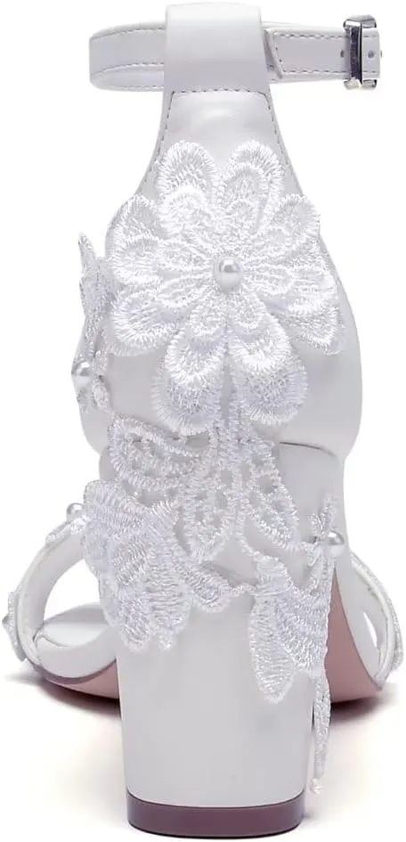 Block Heel Wedding Shoes for Bride Open Toe Bridal Heels Appliques Chunky Heel Bride Shoes
