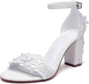 Block Heel Wedding Shoes for Bride Open Toe Bridal Heels Appliques Chunky Heel Bride Shoes