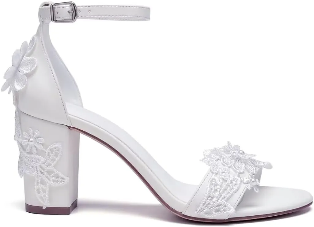 Block Heel Wedding Shoes for Bride Open Toe Bridal Heels Appliques Chunky Heel Bride Shoes