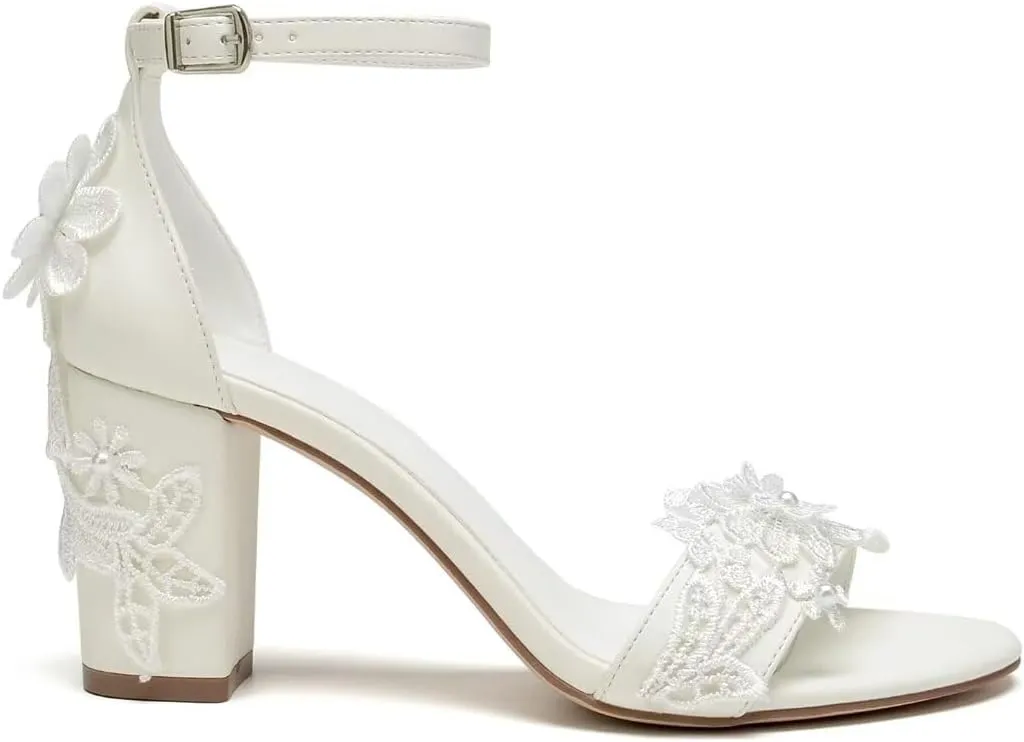 Block Heel Wedding Shoes for Bride Open Toe Bridal Heels Appliques Chunky Heel Bride Shoes
