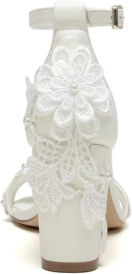 Block Heel Wedding Shoes for Bride Open Toe Bridal Heels Appliques Chunky Heel Bride Shoes