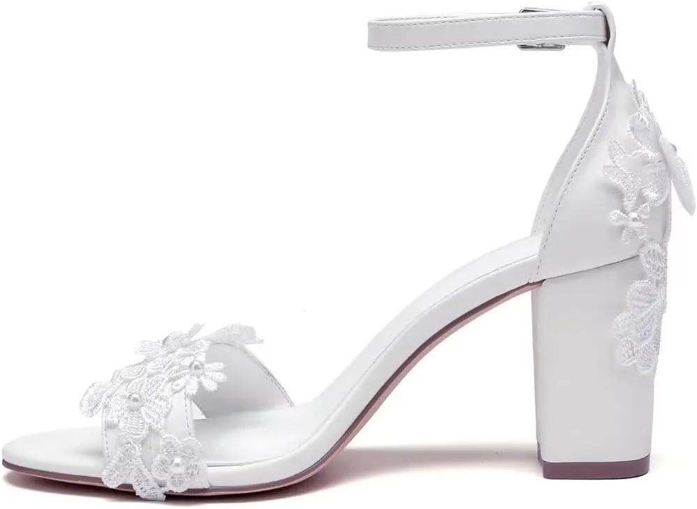 Block Heel Wedding Shoes for Bride Open Toe Bridal Heels Appliques Chunky Heel Bride Shoes