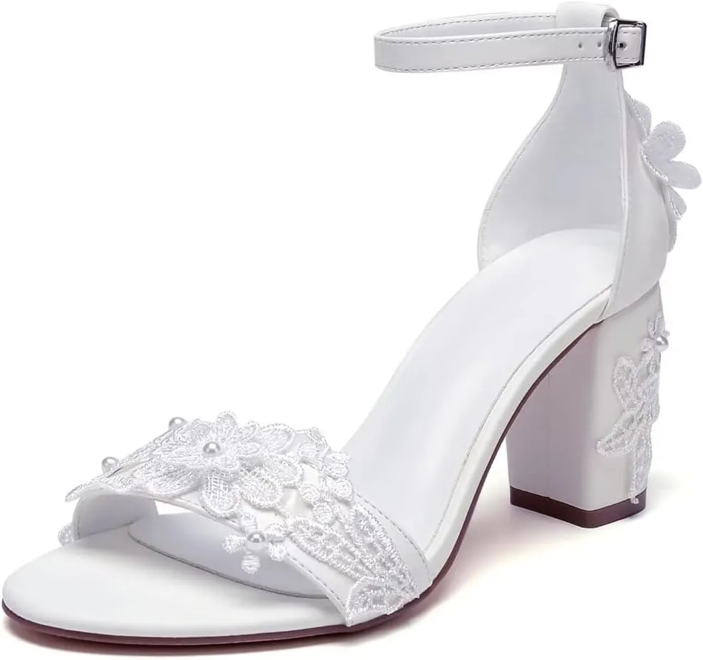 Block Heel Wedding Shoes for Bride Open Toe Bridal Heels Appliques Chunky Heel Bride Shoes