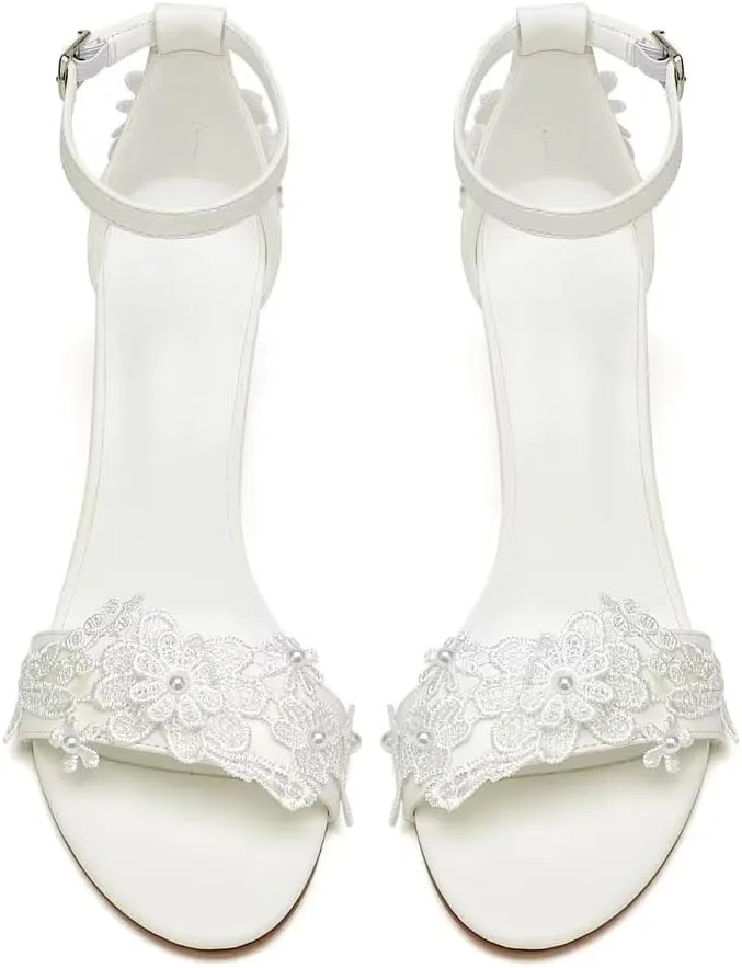 Block Heel Wedding Shoes for Bride Open Toe Bridal Heels Appliques Chunky Heel Bride Shoes