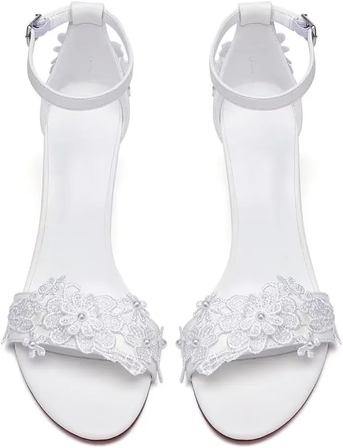 Block Heel Wedding Shoes for Bride Open Toe Bridal Heels Appliques Chunky Heel Bride Shoes