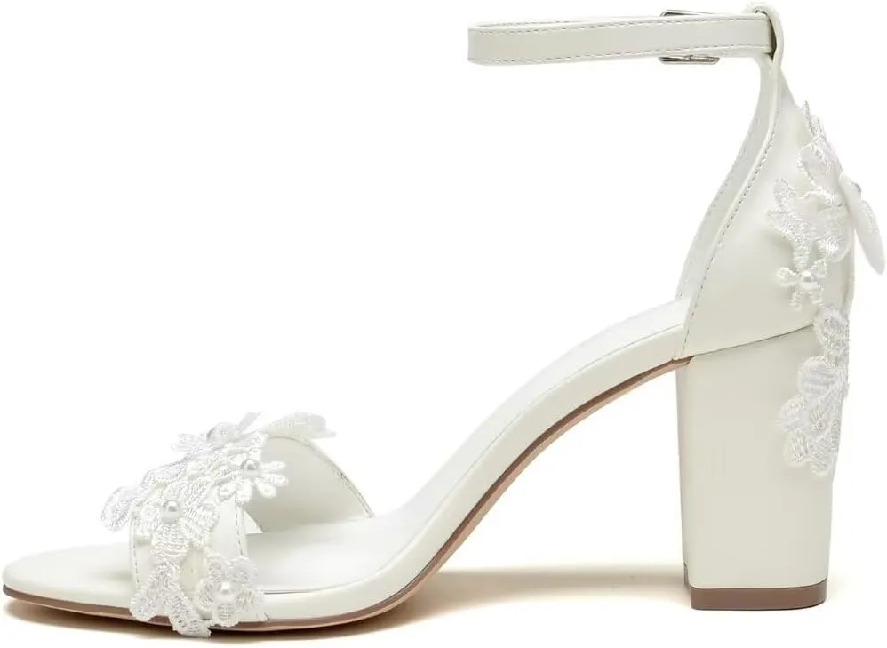 Block Heel Wedding Shoes for Bride Open Toe Bridal Heels Appliques Chunky Heel Bride Shoes