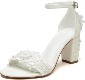 Block Heel Wedding Shoes for Bride Open Toe Bridal Heels Appliques Chunky Heel Bride Shoes