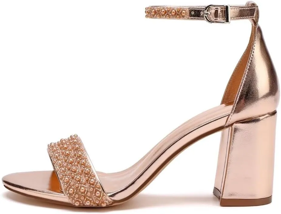 Block Heel Wedding Shoes for Bride Open Toe Pearl Bridal Shoes Wedding Heeled Sandals