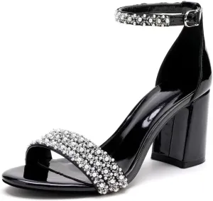 Block Heel Wedding Shoes for Bride Open Toe Pearl Bridal Shoes Wedding Heeled Sandals