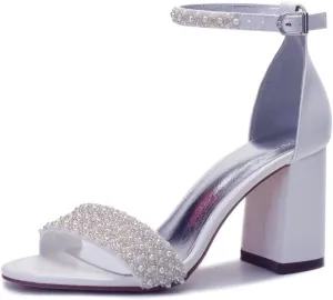 Block Heel Wedding Shoes for Bride Open Toe Pearl Bridal Shoes Wedding Heeled Sandals