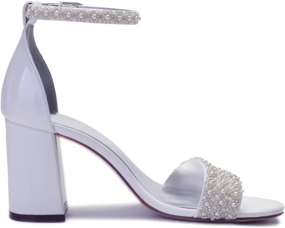 Block Heel Wedding Shoes for Bride Open Toe Pearl Bridal Shoes Wedding Heeled Sandals