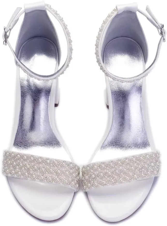 Block Heel Wedding Shoes for Bride Open Toe Pearl Bridal Shoes Wedding Heeled Sandals