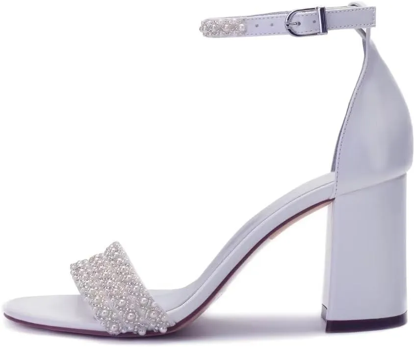 Block Heel Wedding Shoes for Bride Open Toe Pearl Bridal Shoes Wedding Heeled Sandals