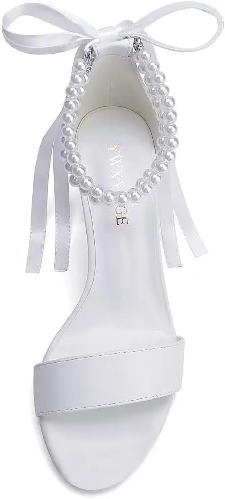 Block Heel Wedding Shoes for Bride Women Chunky Heeled Sandals Pearl Bridal Shoes