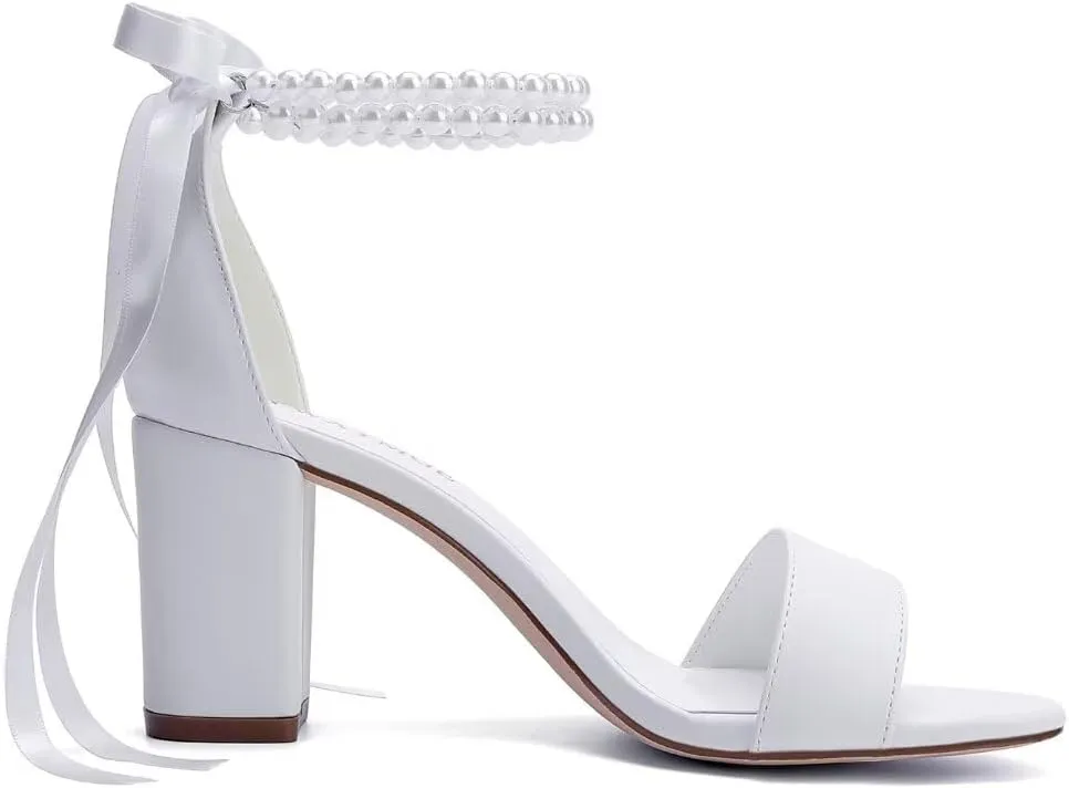 Block Heel Wedding Shoes for Bride Women Chunky Heeled Sandals Pearl Bridal Shoes