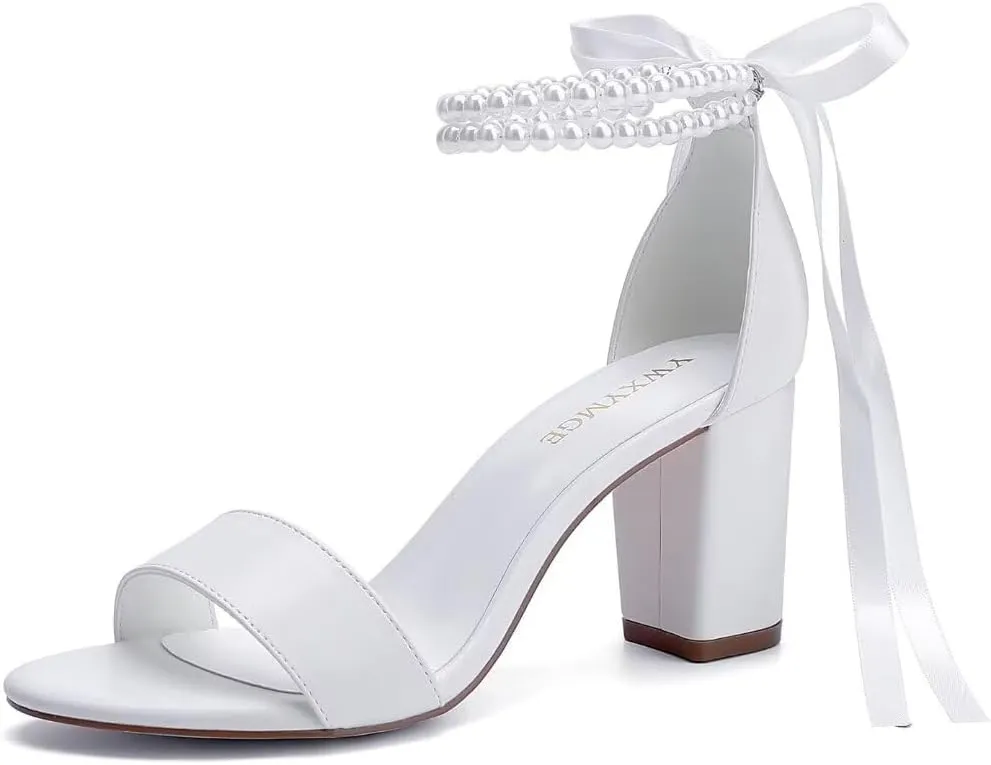 Block Heel Wedding Shoes for Bride Women Chunky Heeled Sandals Pearl Bridal Shoes