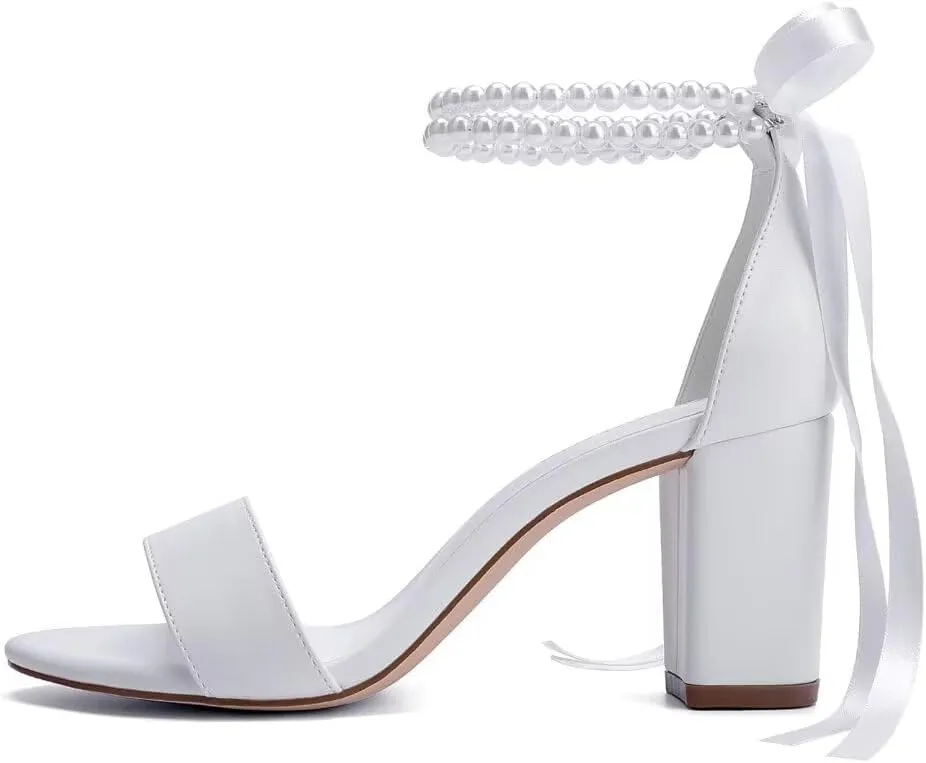 Block Heel Wedding Shoes for Bride Women Chunky Heeled Sandals Pearl Bridal Shoes