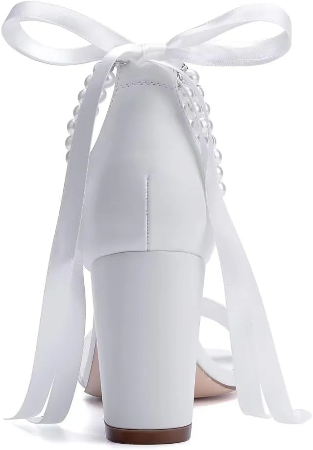 Block Heel Wedding Shoes for Bride Women Chunky Heeled Sandals Pearl Bridal Shoes