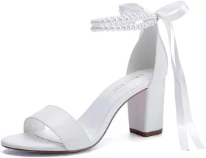 Block Heel Wedding Shoes for Bride Women Chunky Heeled Sandals Pearl Bridal Shoes