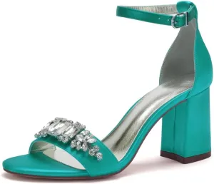 Block High Heel Sandals for Bride Rhinestones 3IN Heels Wedding Shoes Formal Party Sandals