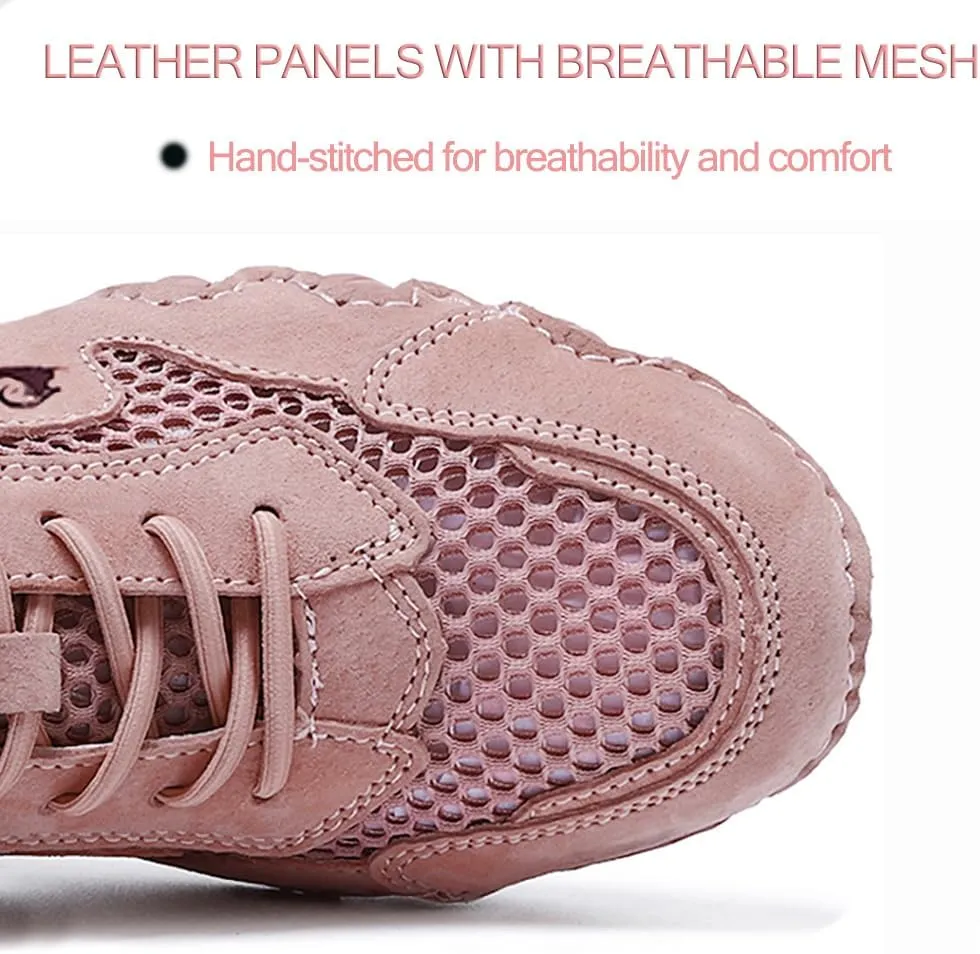 Boxpopla Women's Outdoor Mesh Trail Shoes for Hiking & Walking,Leather Breathable Mesh Casual Sneakers Non-Slip Slip On Lightweight Summer Sports Shoes Comfort Soft Driving Shoes